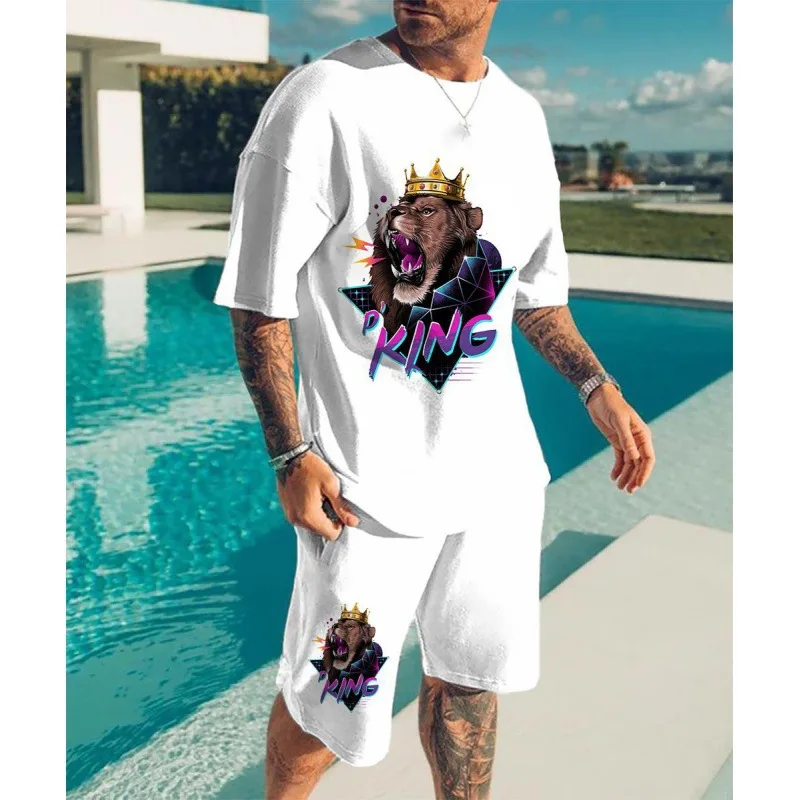 

Monkey Lion dog animal series summer casual men's T-shirt shorts set 3D printed short sleeve set