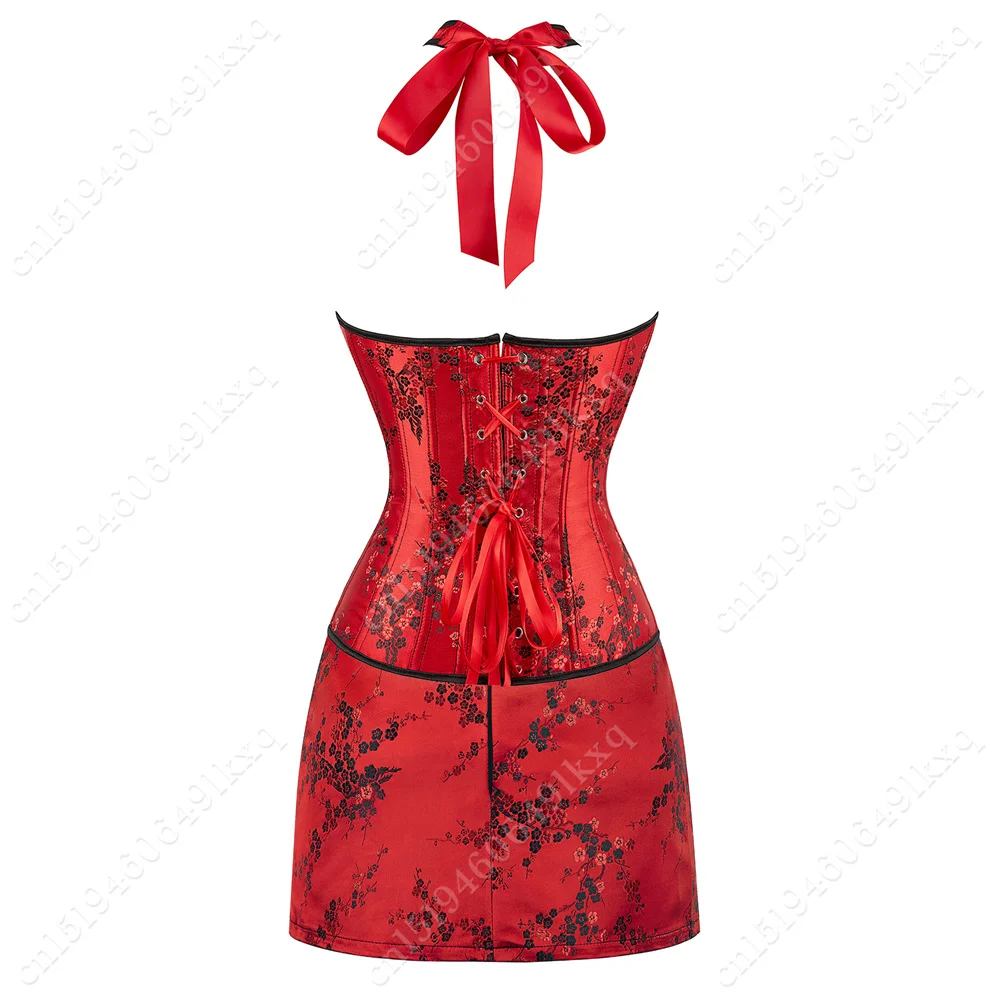 Red Corset Dress Sexy Overbust Corset Floral Gothic Skirts for Women Red Satin Corset with Skirt Set Black Burlesque Dress
