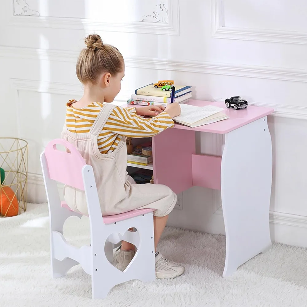 Kids Desk and Chair Set, Children Study Desk with Storage Shelf, Wooden School Study Table, Writing Table for Home School Use 2