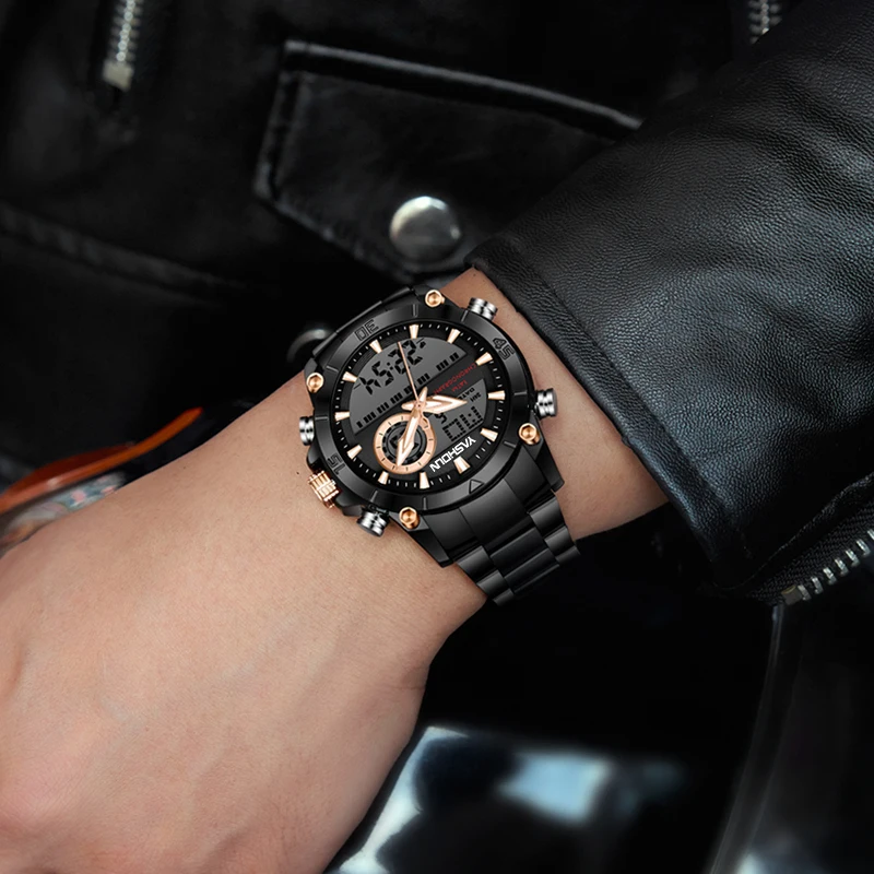 Men Military Sport Wrist Watch Gold Quartz Steel Waterproof Dual Display Male Clock Watches Relogio Masculino 9017