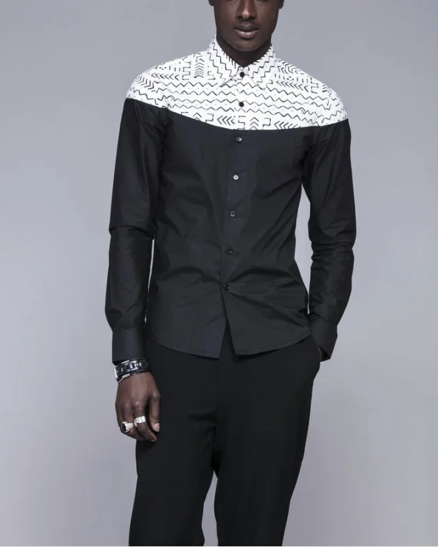 

Muslim fashion new national style color contrast lapel button type digital geometric printing long sleeved men's shirt