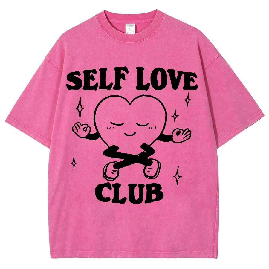 Aesthetic Self Love Washed Oversized T-Shirt 2024 New Women's Summer Clothes Tops Cotton Washed Vintage Female T Shirts