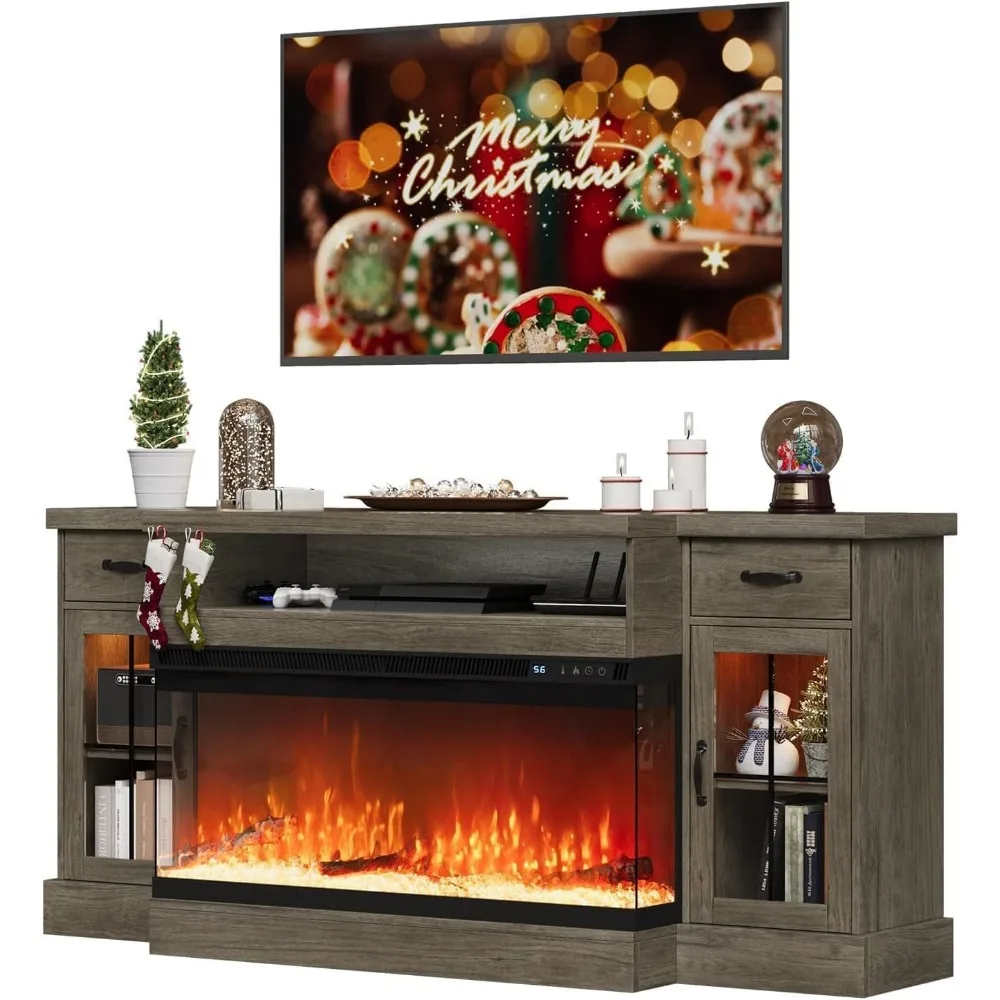 TV Stand for 80", Fireplace Entertainment Center with 40" Electric Fireplace with Drawers, TVs Stands 6