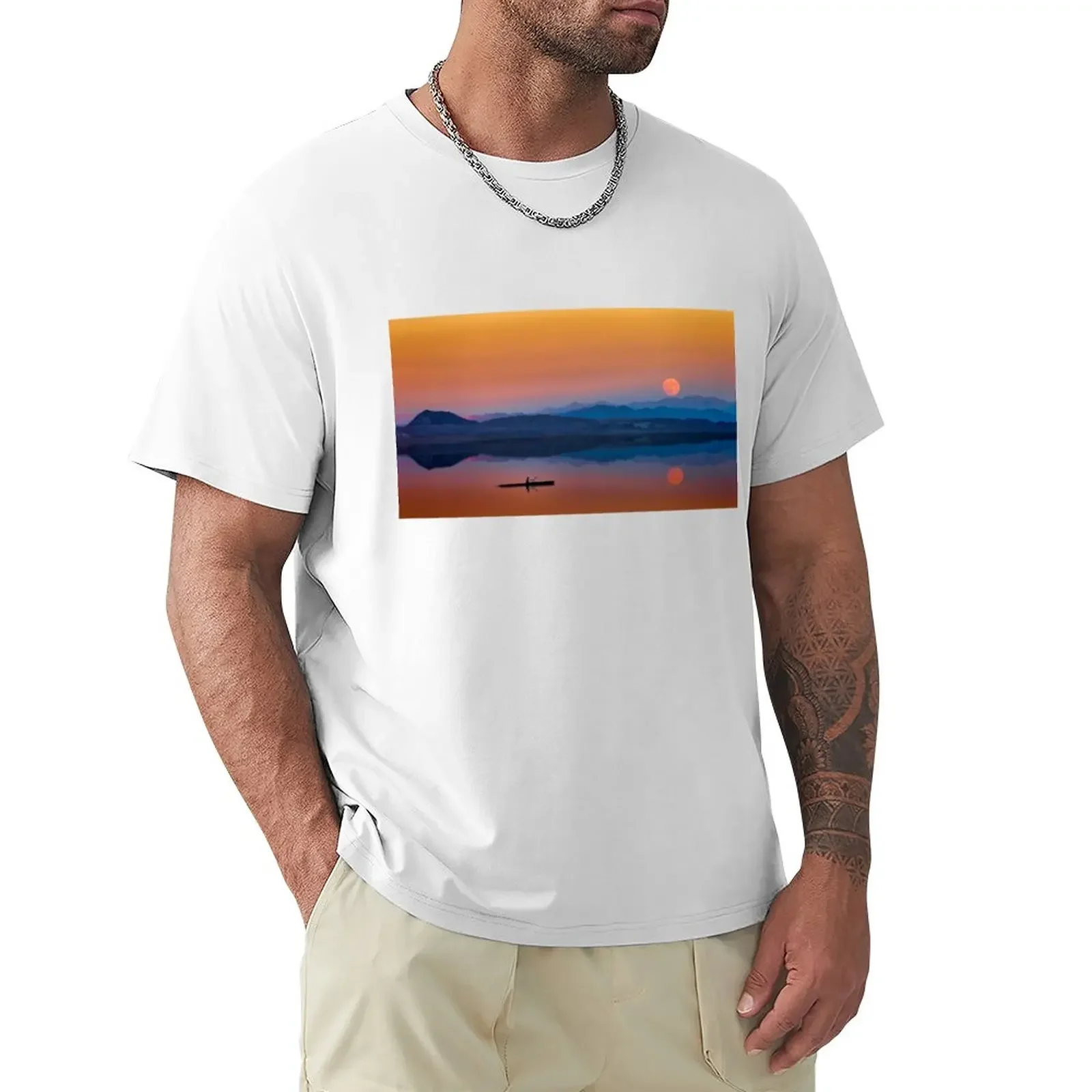 

Kayaker on the Lake with Mountains and Setting Sun T-Shirt oversized sweat cute clothes mens vintage t shirts