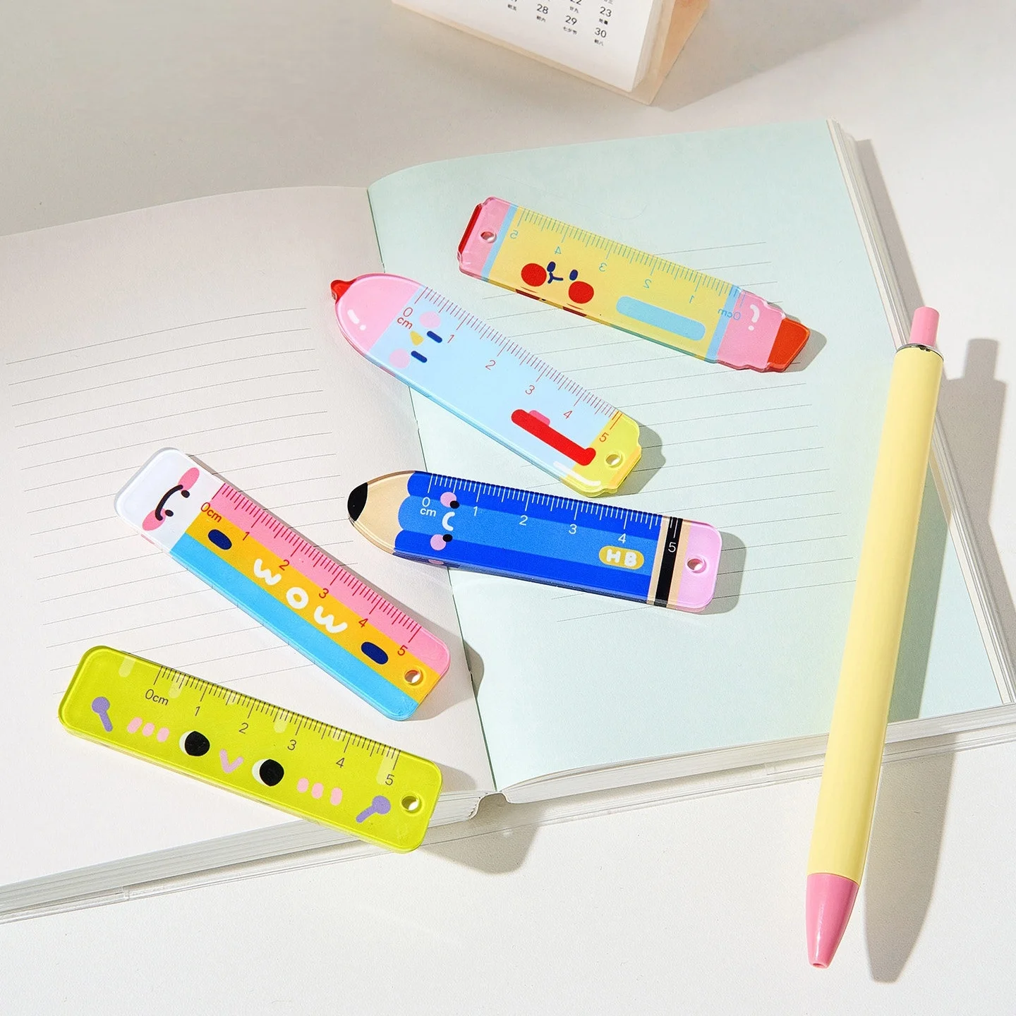 고양이 발 모양의 미니 자 5개 세트, 끈 포함, 휴대 편리, 열쇠고리로 사용 가능, 문구류 A3228