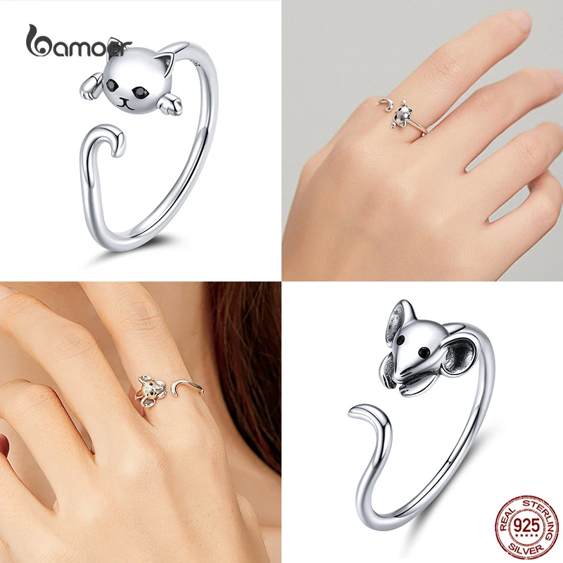925 Sterling Silver Cat and Mouse Ring Women S925 Open Animal Ring Fine Jewelry Accessories Girl silver rings silver ring