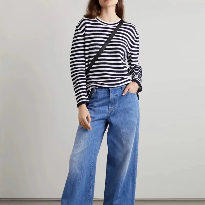 R0W Women's Jeans Spring and Autumn New Wash Blue Retro Loose Casual Pants Straight Barrel High Waist Wide Leg Pants