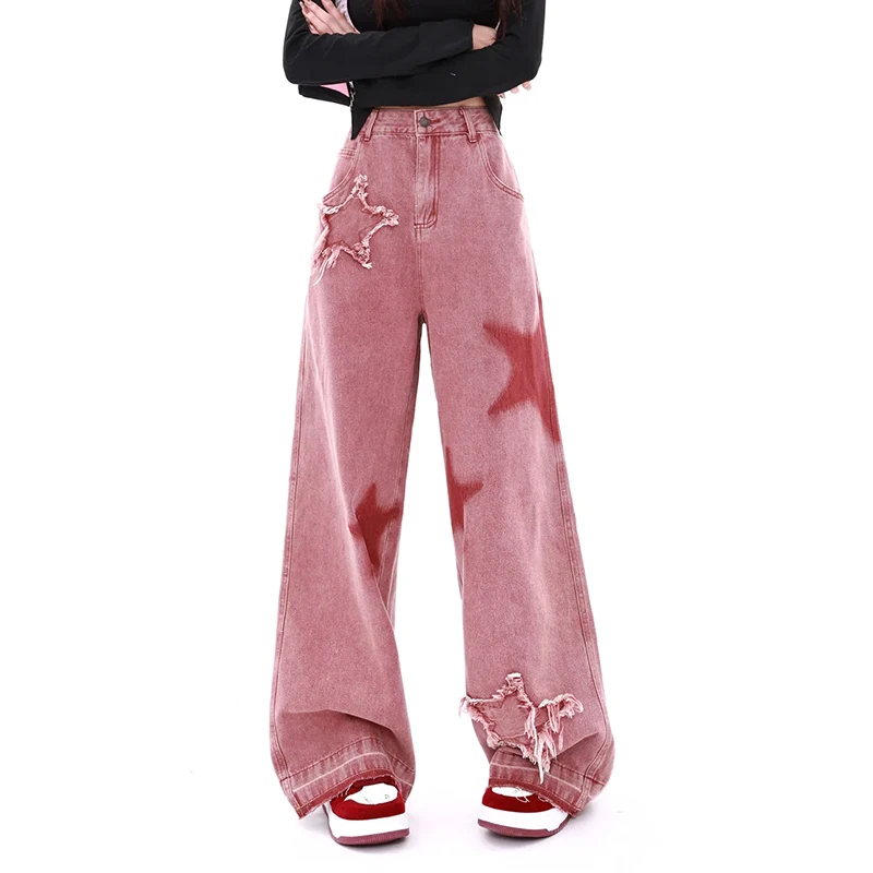 

Women American Retro Jeans Star Raw Edge Splicing Loose Wide-leg Slim Trendy Mopping Pants Y2K