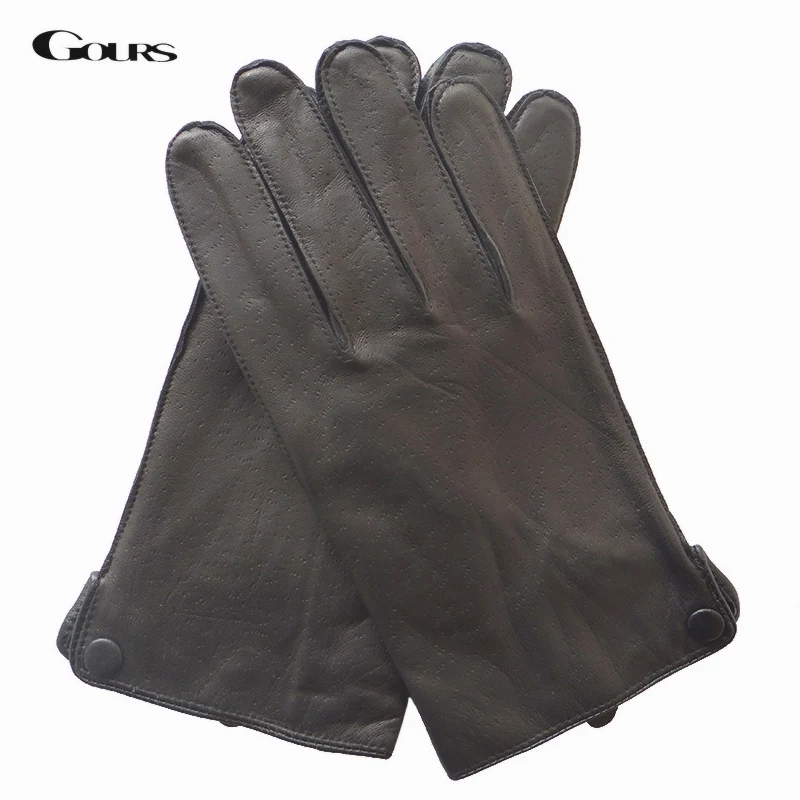 GOURS Winter Real Leather Gloves Men Black Genuine Goatskin Gloves Fleece Lining Warm Driving Fashion Button New Arrival GSM048