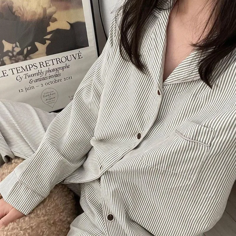 2023 New Simple Long Sleeve Pajamas Women's Autumn Girls Loungewear V-neck Long Pants Sleepwear Falbala Loose Homewear Set