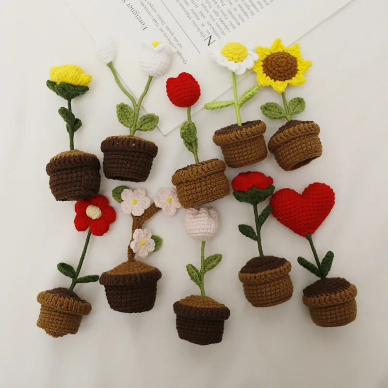 Mini Sunflower Tuilp Flower Crochet Flowers Potted Plants Homemade Finished Crochet Flower Home Kids Home Decor