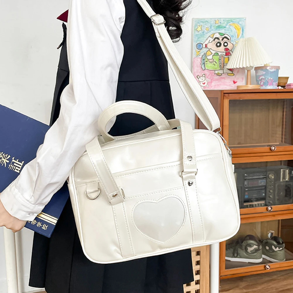 Women Girls Cosplay Satchels Transparent Love Heart PU Jk School Handbag Adjustable Strap Japanese School Bag Chic Commuting Bag