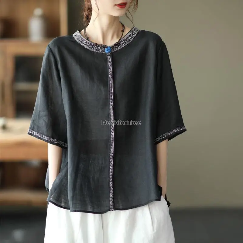 

2023 lace embroidery cotton linen chinese style round collar short sleeve tang suit shirt summer retro blouse for women s362