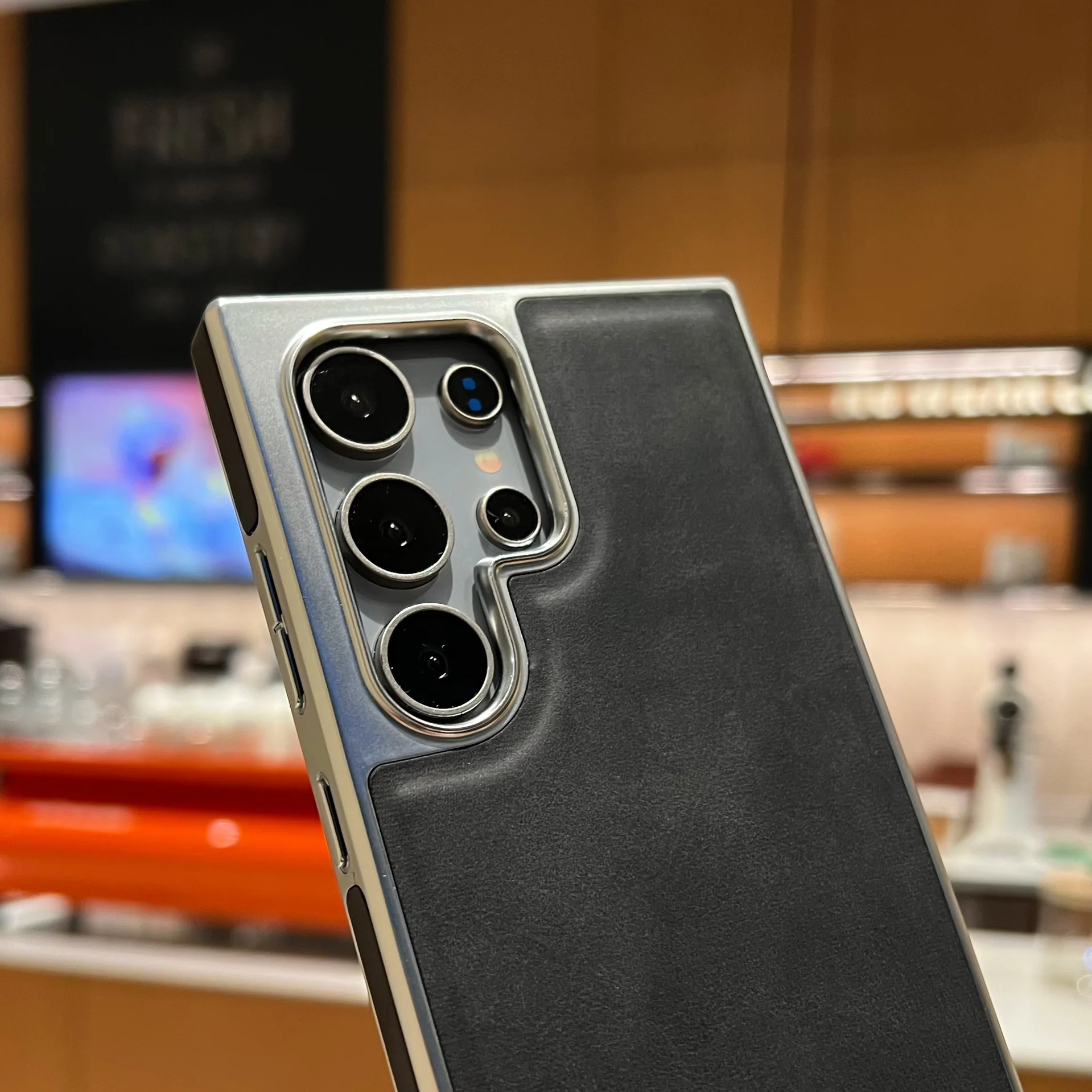 Luxury Leather Electroplating Kickstand Case for Samsung Galaxy S24 Ultra S23 FE S22, Hard Protection Cover, Hidden Stand Conque