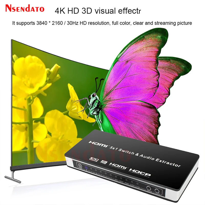 5X1 HDMI Switcher with Audio Extractor HDMI Switcher 5 in 1 out 4K with R/L Audio HDMI Switch ARC Audio Extractor with IR Remote