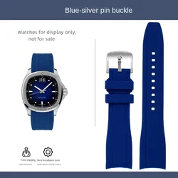 Premium 22mm Curved Rubber Watch Strap - Men's Soft Waterproof Wristband Bracelet - 22mm - Width (Blue Silver)