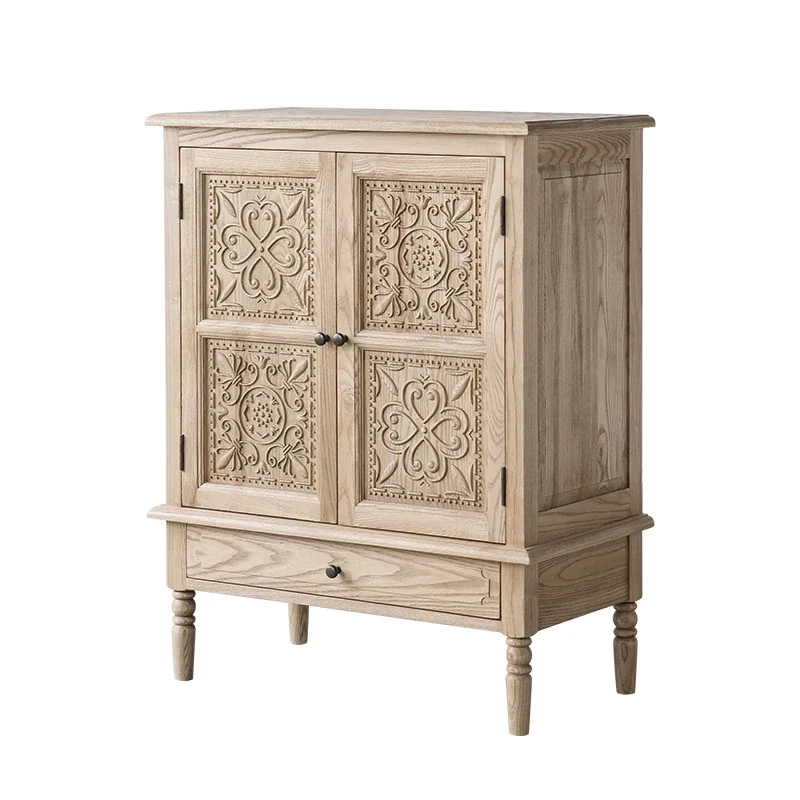 

American Country Retro Idyllic Solid Wood Double Door Carved Cabinet