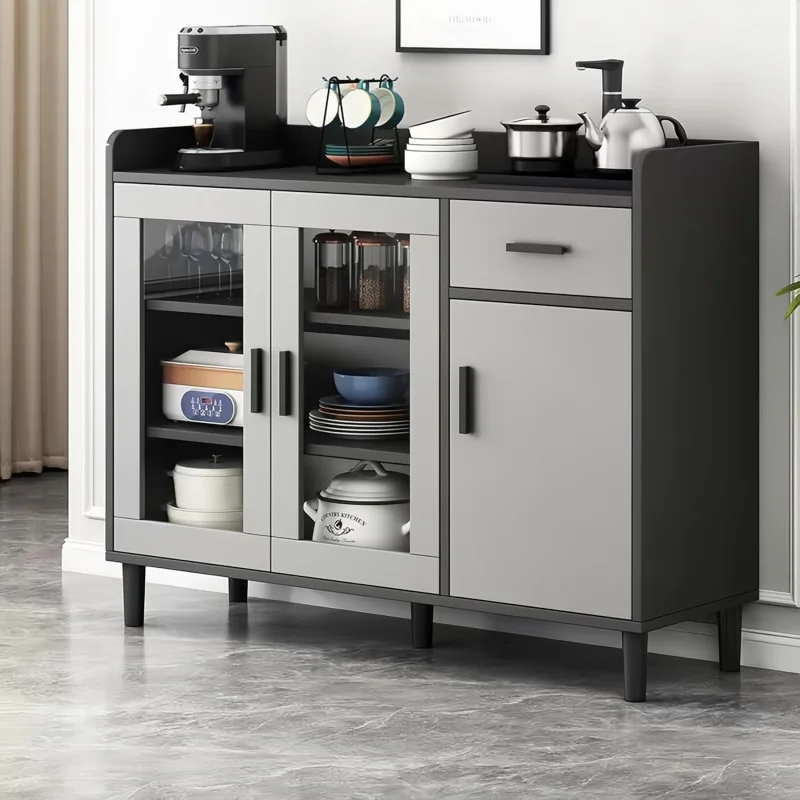 خزانة تخزين حديثة لبار القهوة، أبواب زجاجية، أرفف...