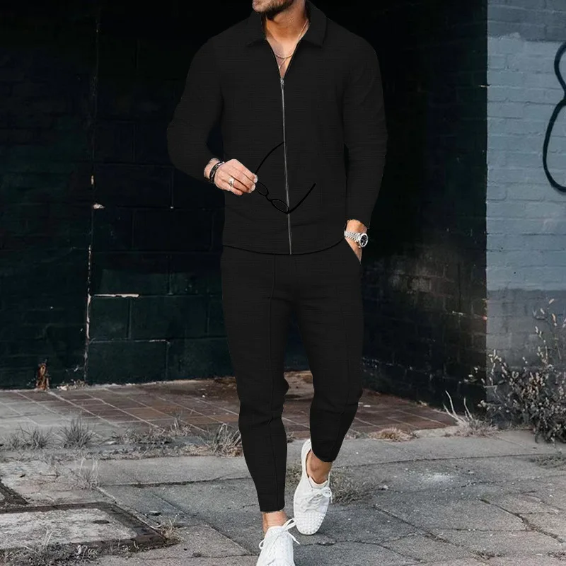 Men's Waffle Long Sleeve Stitching Lapel Fashion Casual Zipper Cardigan Casual Sports Suit