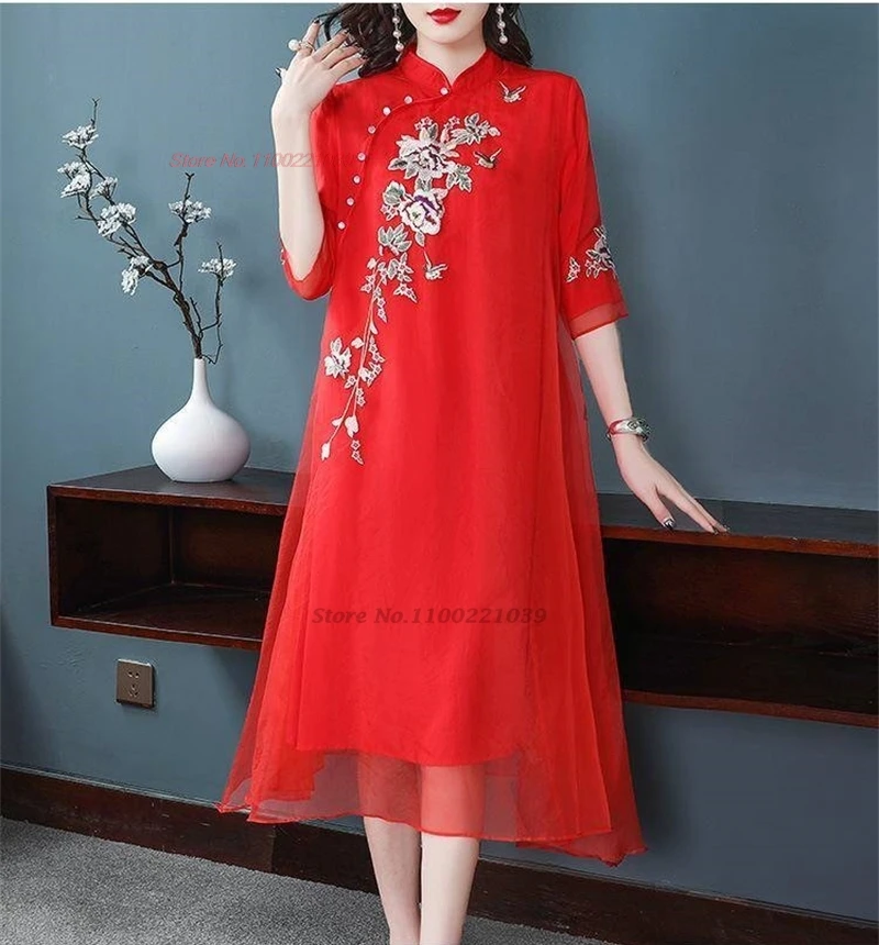 

2024 national flower embroidery cheongsam chinese improved chiffon qipao dress traditional vintage banquet evening dress vestido