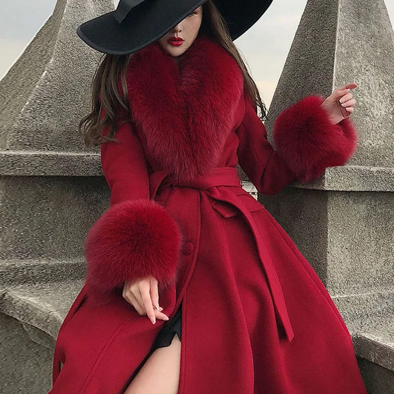 

2023 Winter New Year Coat Mid length Red Slim Celebrity Wool Temperament Waist Wrapped Dress Wool Collar Coat for Women