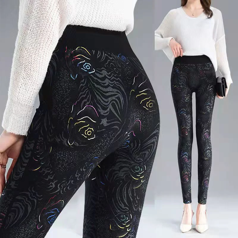 Women's Winter Print Leggings Warm Skinny Pants High Waist Warm Thick Fleece Winter Tight Pants Women Velvet Leggins Woman Black