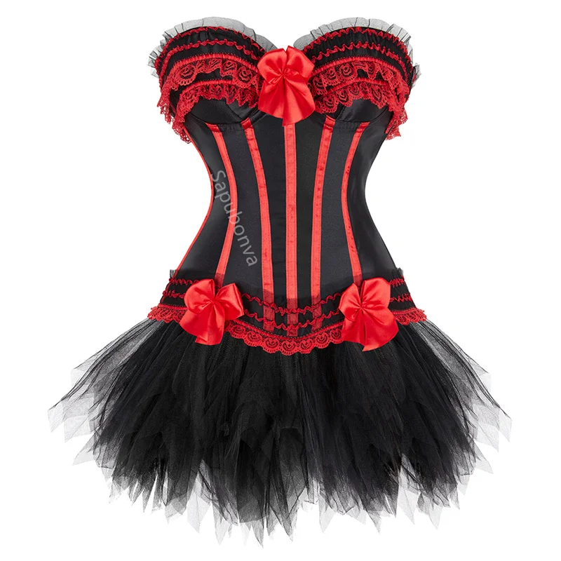 

Red Corset Dress Bustier Skirt Tutu Set Stripe Lace Up Gothic Victorian Lolita Vintage Sexy Exotic Burlesque Korsett Plus Size