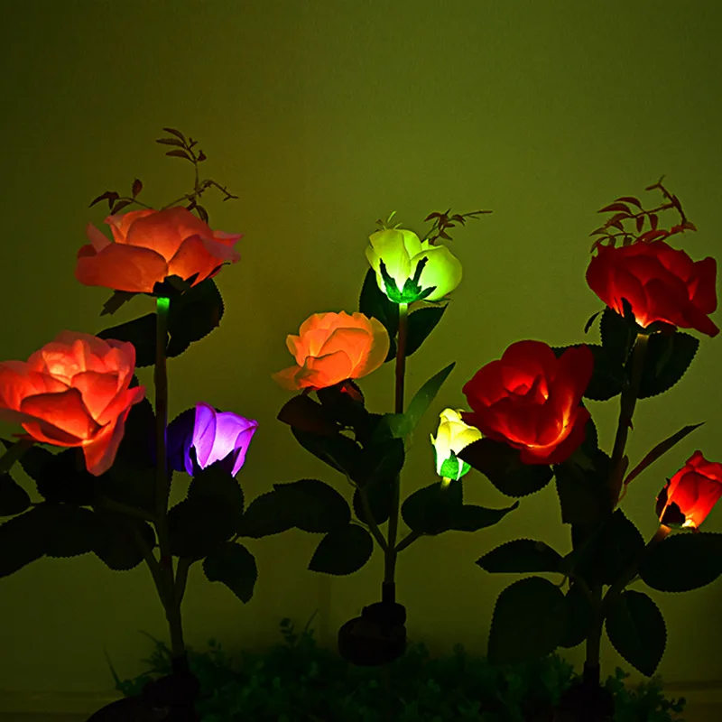 3 Head LED Solar Simulation Rose Flower Light Garden Yard Lawn Night Lamp Waterproof Landscape Rose Light Home Decoration
