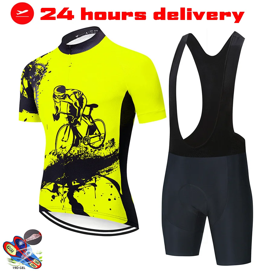 FluorescentyellowCyclingJersey19DBibSetMTBUniformBikeClothing