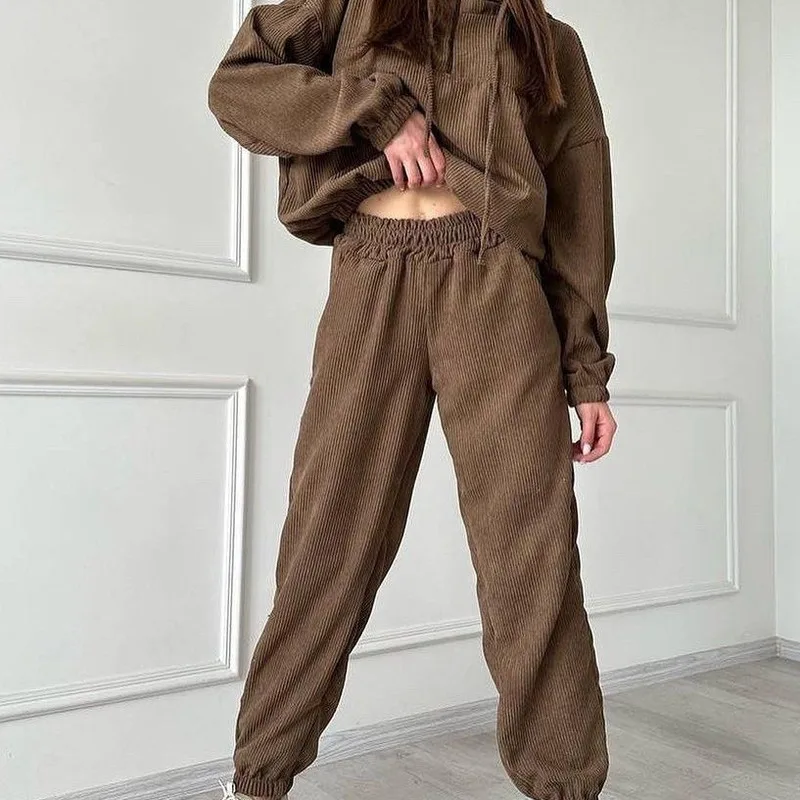Women's New Autumn and Winter Fashion All-match Sports Set Solid Color Long Sleeve Hooded Zipper Top Women's Trousers Leg Set