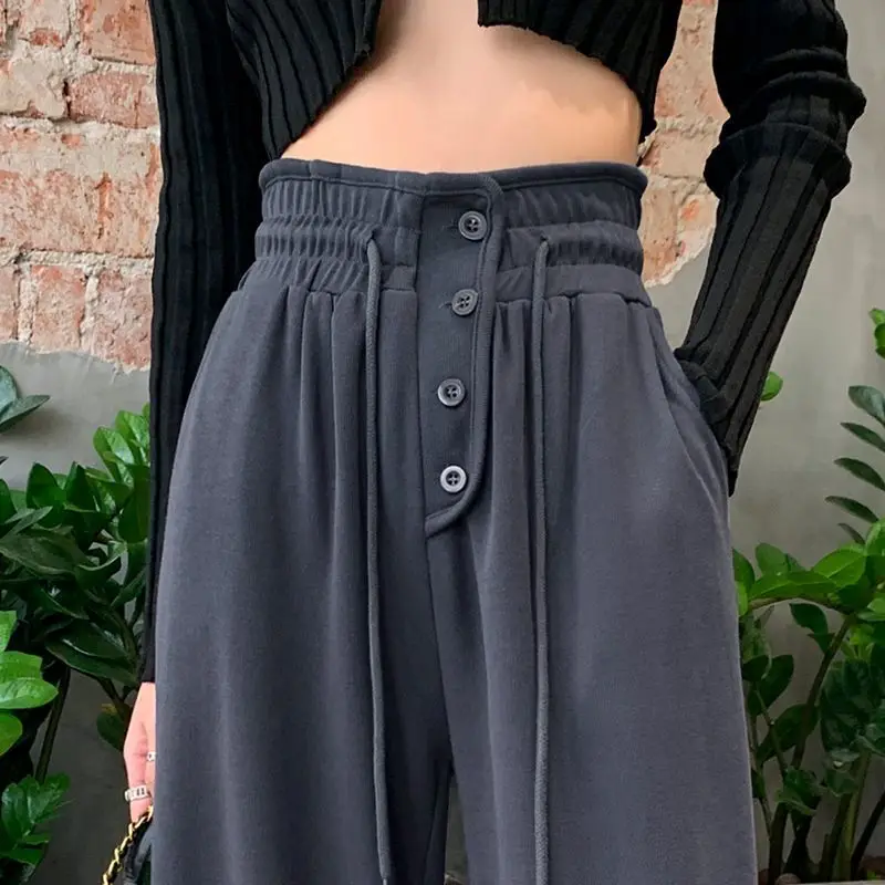 Hip Hop Loose Dark Grey Sports Pants Women's Autumn Drawstring Leg Tie Straight Tube Elastic Wide Leg Guard Pants