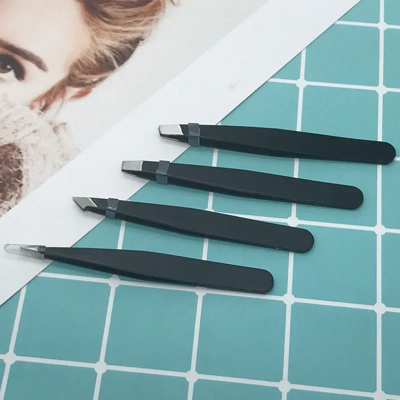 4pcs Professional Slanted Stainless Steel Eyebrow Tweezers Point Slant Flat Tip Hair Removal Eyebrow Pinch Forceps Makeup Tool