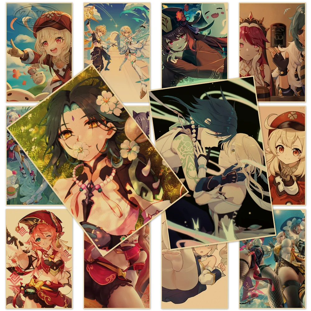 

Xiao Poster Game Paintings Genshin Impact Kraft Paper Hutao Wall Art Klee Prints Vintage Home Decor Birthday Present Kids Room