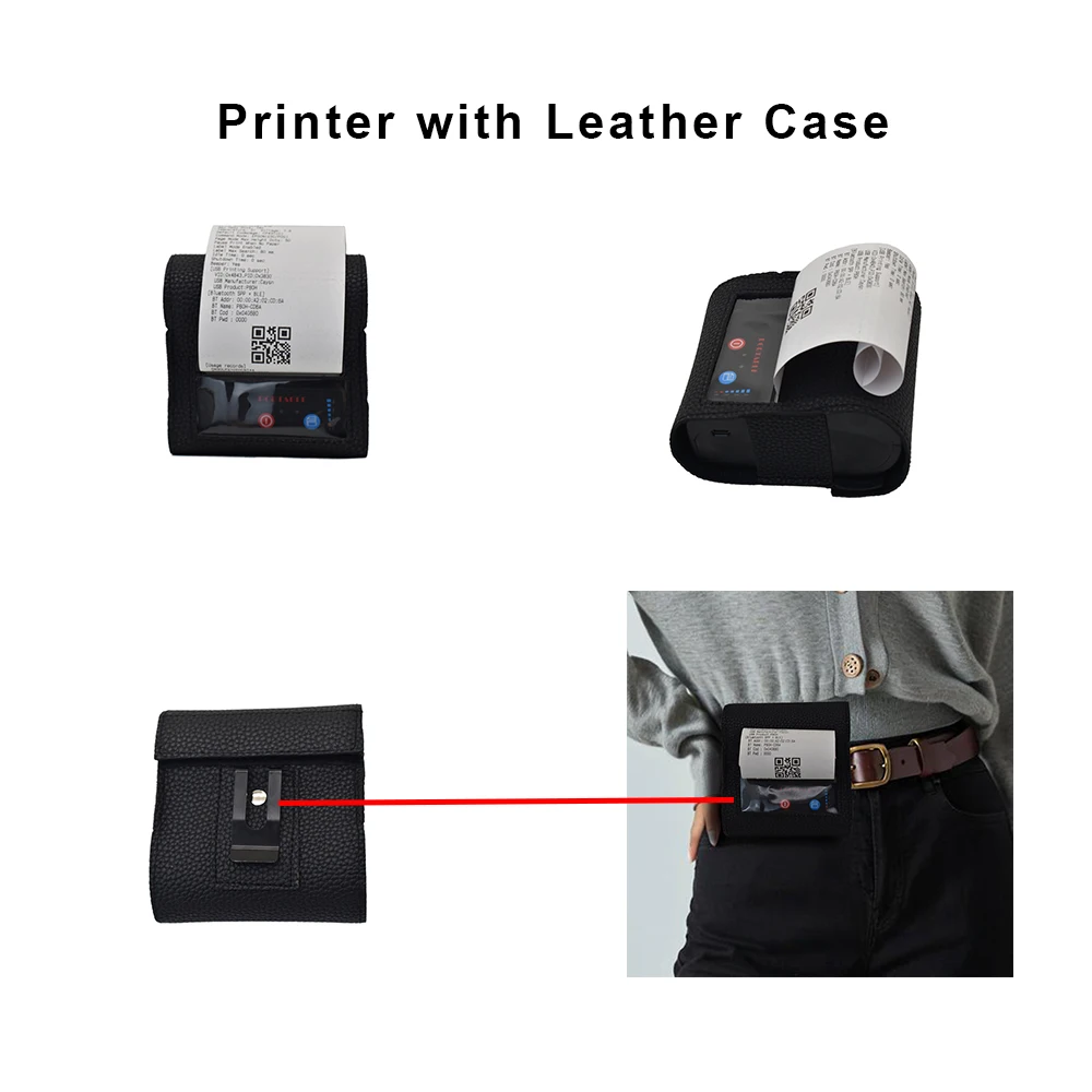 80mm 포켓 열전사 라벨 프린터 무선 블루투스 휴대용 미니 영수증 프린터 가죽 케이스 포함