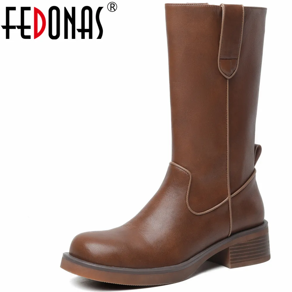 

FEDONAS Vintage Popular Women Mid-Calf Boots Round Toe Retro Style Genuine Leather Quality Office Lady Autumn Winter Shoes Woman