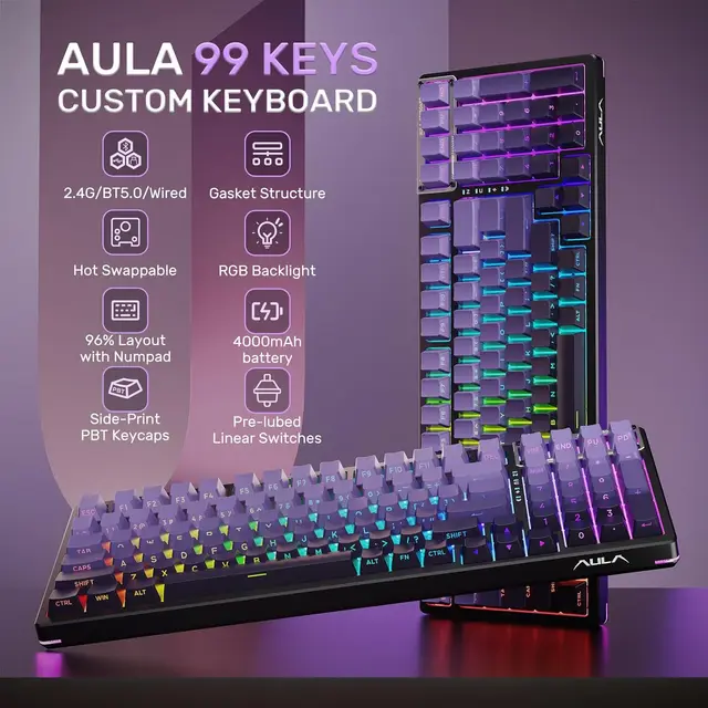 AULA F98 Gaming Mechanical Keyboard Full-size Three-mode Bluetooth/2.4G/USB-C