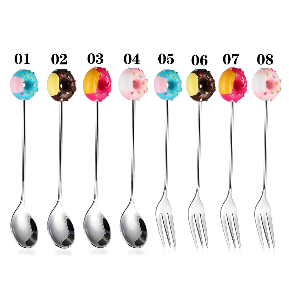 Donut Dessert Spoon Fork Flatware Coffee Ice Dinnerware Kitchenware Baby Kids silverware set portable cutlery