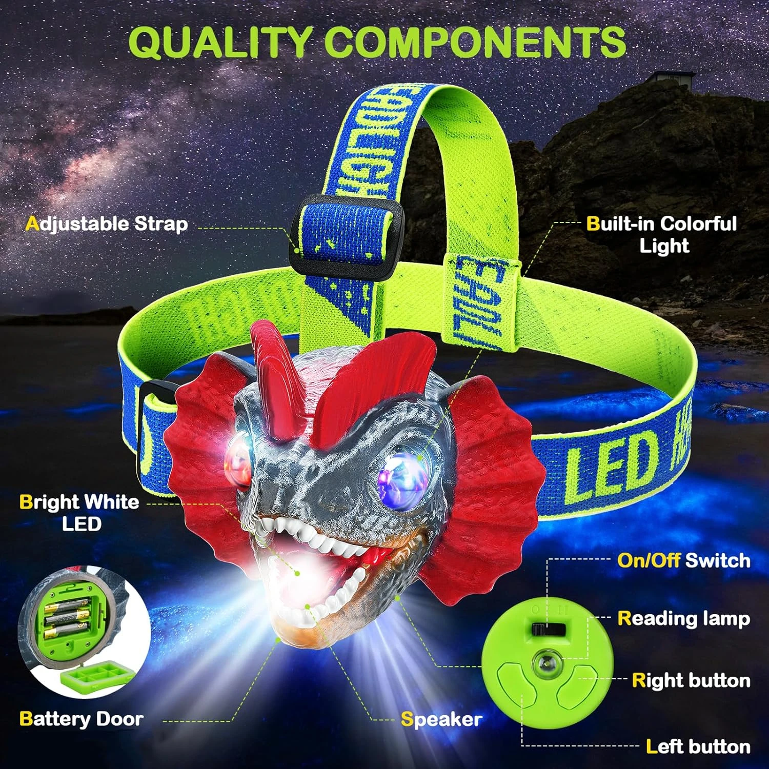 High-quality, long-lasting LED headlamp for kids. Unique dinosaur design with adjustable strap for a comfortable fit. Explore in