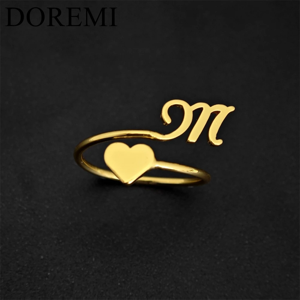 DOREMI Custom Personalized Stainless Steel Open Initial Letter Women Name Rings Customized Letter Heart Ring Initial Name Ring