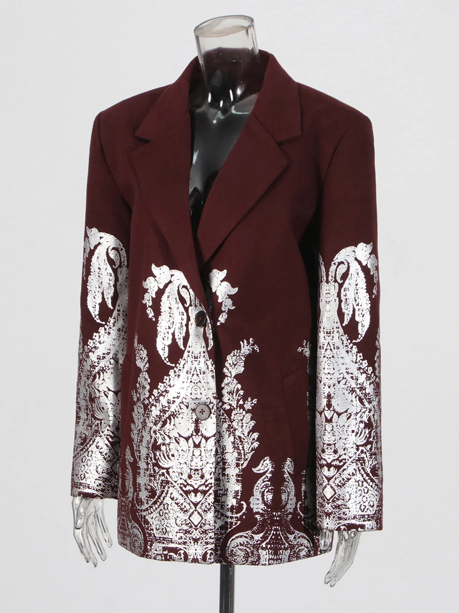 VGH Spliced Fashion Printing Blazers for Women Notched Collar Long Sleeve Patchwork Single Breasted Coats Female Temperament New 3