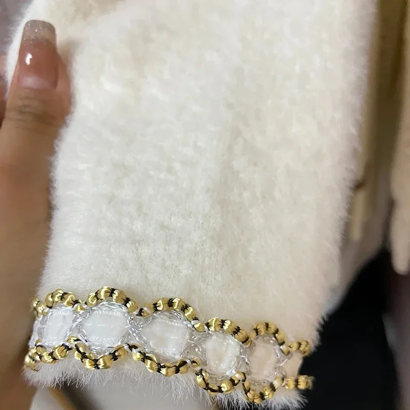 2024 Autumn Winter Imitation Mink Fleece Knitted Coats Korean Fashion O-neck Single-breasted Cardigan Tops New Casual Short Coat