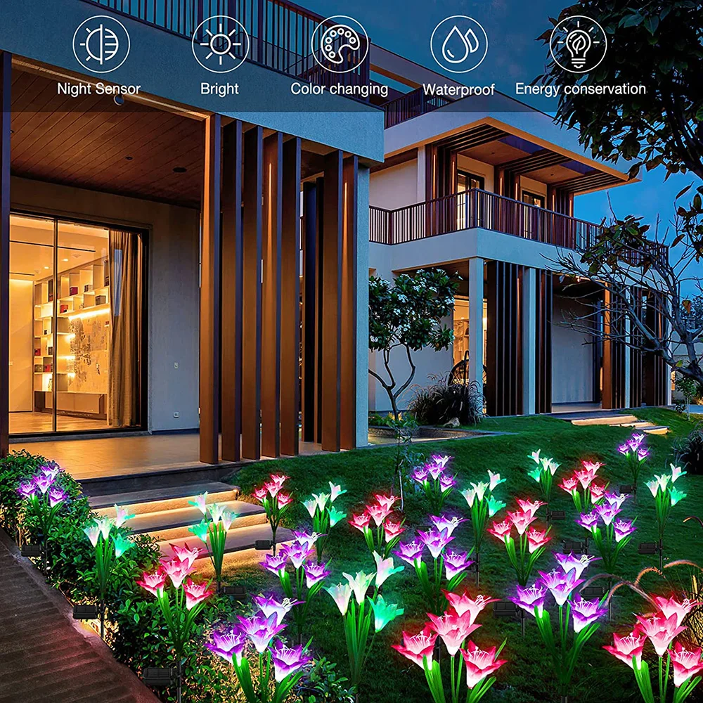 Luz LED Solar con forma de rosa para exteriores, lámpara impermeable de simulación de flores para decoración de jardín, paisaje y césped, 5-7 cabezales