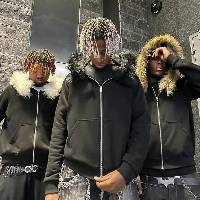 Y2K Zip up hoodie Faux Fur Collar Harajuku Rock Goth Top Retro Punk Loose Jacket Hip Hop Streetwear Zipper Hoodie sweatshirt EMO 6