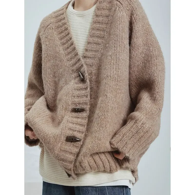 Retro solid color V-neck single-breasted sweater for men in autumn and winter new loose lazy style jacket men clothing y2k tops
