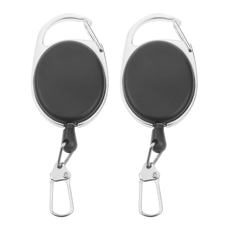 

2X Heavy Duty Retractable Carabiner Badge Tinker Reels 60Cm Pull Wire With Key Ring Clip Black