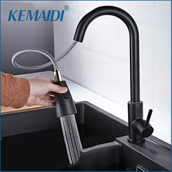 KEMAIDI Kitchen Faucets with 360 Swivel Pull Down Sprayer Single Handle Kitchen Sink Faucet Mixer Tap Matte Black Deck Mounted