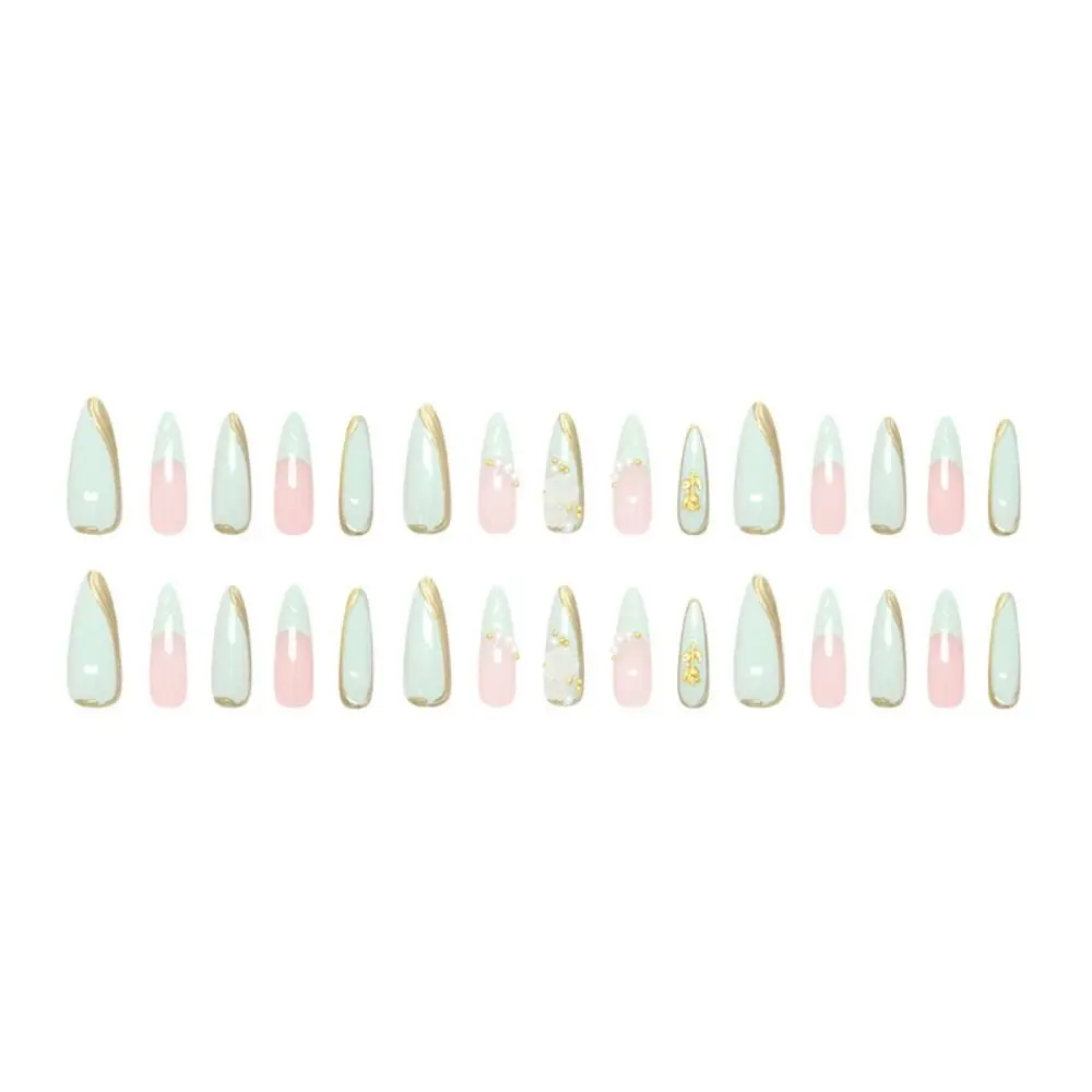 24pcs Manicure Long Almond Stiletto False Nails Green Wavy Cool Rose Press on Nails Detachable French French Nail Tips DIY