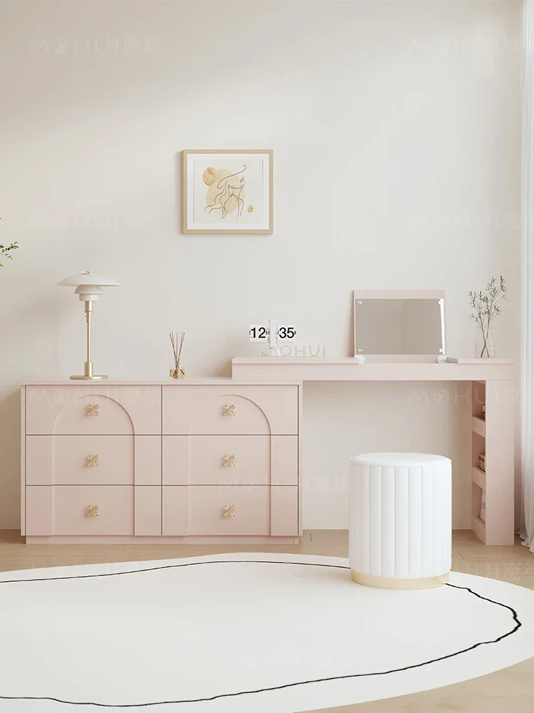 

Pink Flip Dressing Table Chest of Six Integrated Storage Cabinet French Bedroom Tailstock Corner Desk