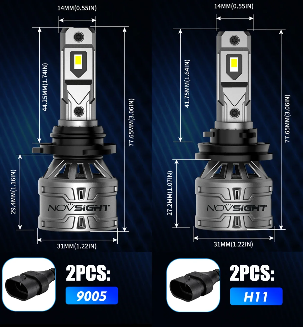 NOVSIGHT 2PCS 9005 2PCS H11 Led Headlight Bulbs High Low Beam Car Lamp 60W 13000LM 6500K White Plug and Play Car Headlight Bulbs