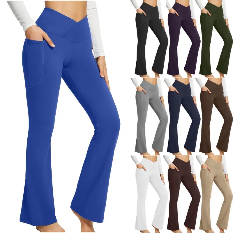

2023 Spring and Summer Solid Color Casual Micro High Waist Slim Wide Foot Yoga Fitness Pants for Women